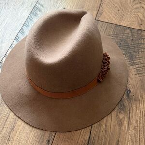 ADORA Tan/Brown Felt Fedora with Ribbon and Ruffle Accent